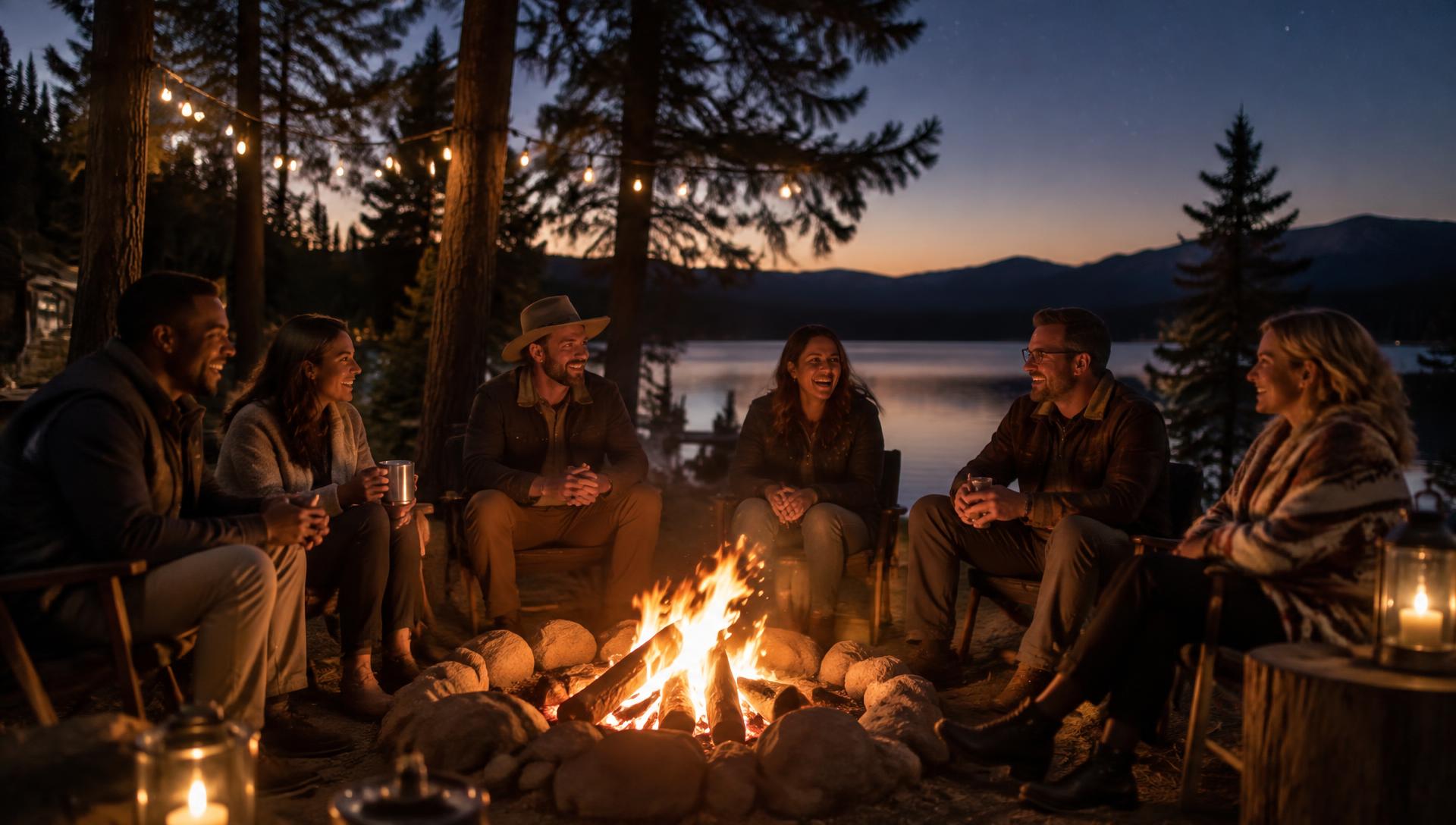 Communicators gathered around a lakeside campfire at dusk